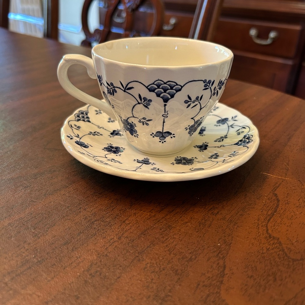 Blue and White Floral Teacup and Saucer Set